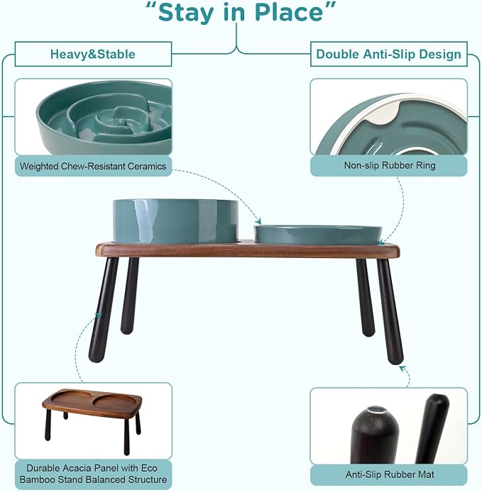 SPUNKYJUNKY Ceramic Elevated Dog Bowls with Slow Feeder Raised Acacia Bamboo Wooden Stand, 8.3'' Dog Food Water Bowls Set Non-Slip for Medium Large Sized Breed Microwave Dishwasher Safe - Dark Green