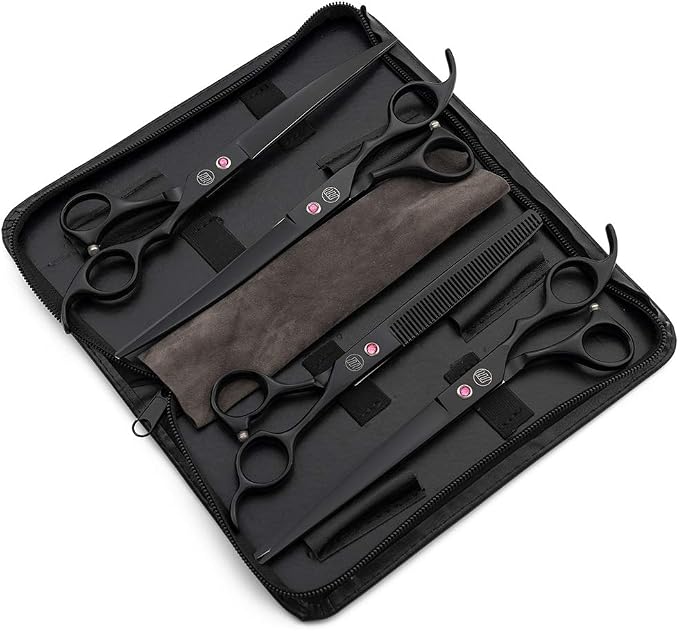 Moontay Professional 8" Dog Grooming Scissors Set 4PCS, Black | Straight, Upward Curved, Downward Curved, Thinning/Blending Shears for Dog, Cat and Pets, JP Stainless Steel