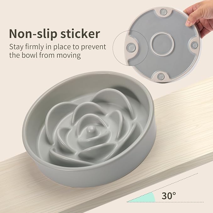 8.26 in Grey Dog Bowl Slow Feeder Ceramic for Medium and Large Breed,Elevated/Raised Slow Feeding Dog Food Water Dish Heavy Weighted,Puppy Dish for Fast Eaters,Puzzle Eating Bowl Modern Maze