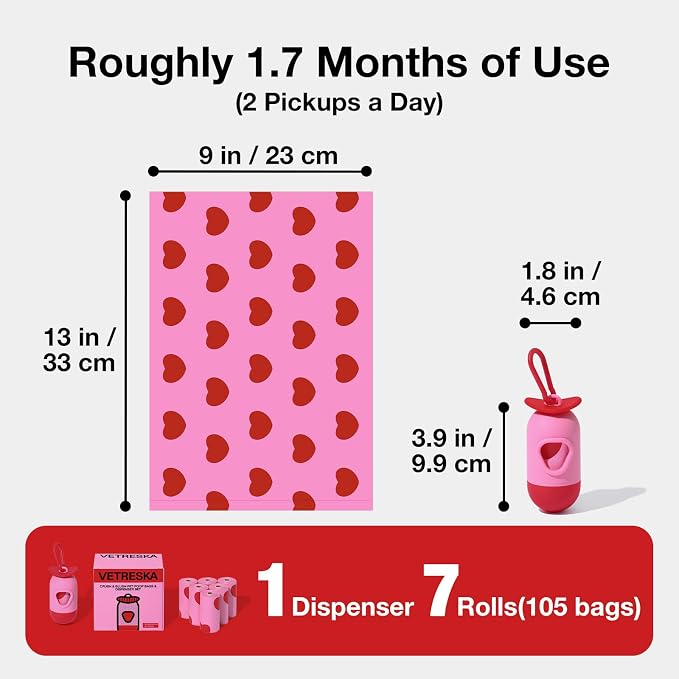 VETRESKA Dog Poop Bag Dispenser with Smoked Cherry Scented Bags, 105 Counts | Leak Proof and Extra Thick Pet Waste Bags for Dog Walking and Cat Litter, 1 Poop Bag Holder and 7 Rolls