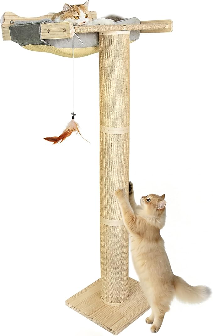 54" Tall Cat Scratching Post with Window Perch | Gray Fluffy Cushion, 3-Piece Thickened sisal Roman Columns, Drill-Free Suction Cup, Elevated Privacy Hammock, 60 LBS Capacity