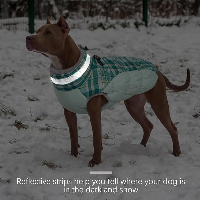 FUAMEY Dog Jacket for Large Dogs Warm Dog Jackets with Harness Built in | Dog Winter Jacket Cold Weather Snow Puppy Vest Water-Resistant Zip up Dog Fleece Jackets High Visibility Green Plaid L