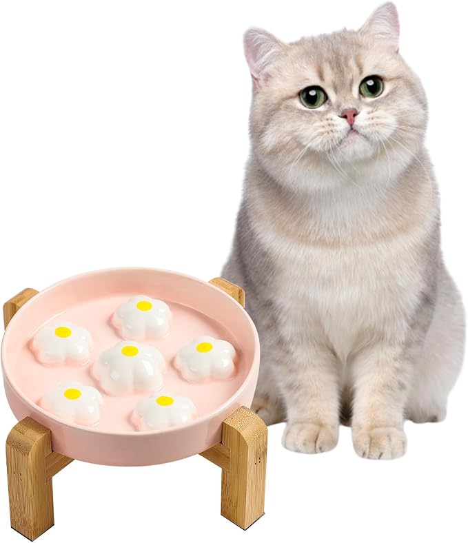 Elevated Ceramic Slow Feeder Cat Bowl with Anti-Slip Bamboo Stand | 6.3" Wide Whisker Friendly, Slow Eating 3x, Dry & Wet Food, Cute Flower-Shaped Maze, Microwave & Dishwasher Safe, White