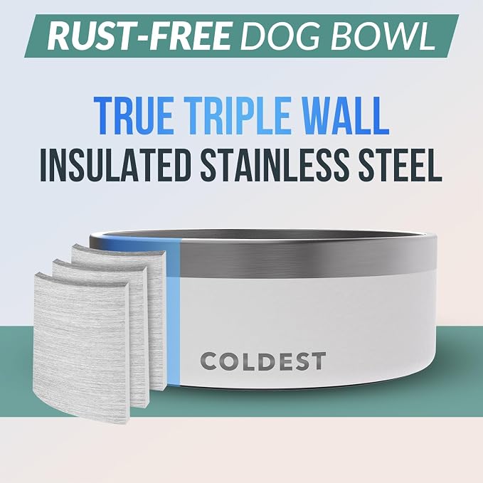 Coldest Dog Bowl - Anti Rust Metal, Non Slip, 3 Layers Insulated Stainless Steel Dog Bowls - Spill Proof & Heavy Duty - Water Bowl for Dogs, Cats & Pets, Dish Washer Safe (64 oz, Epic White)