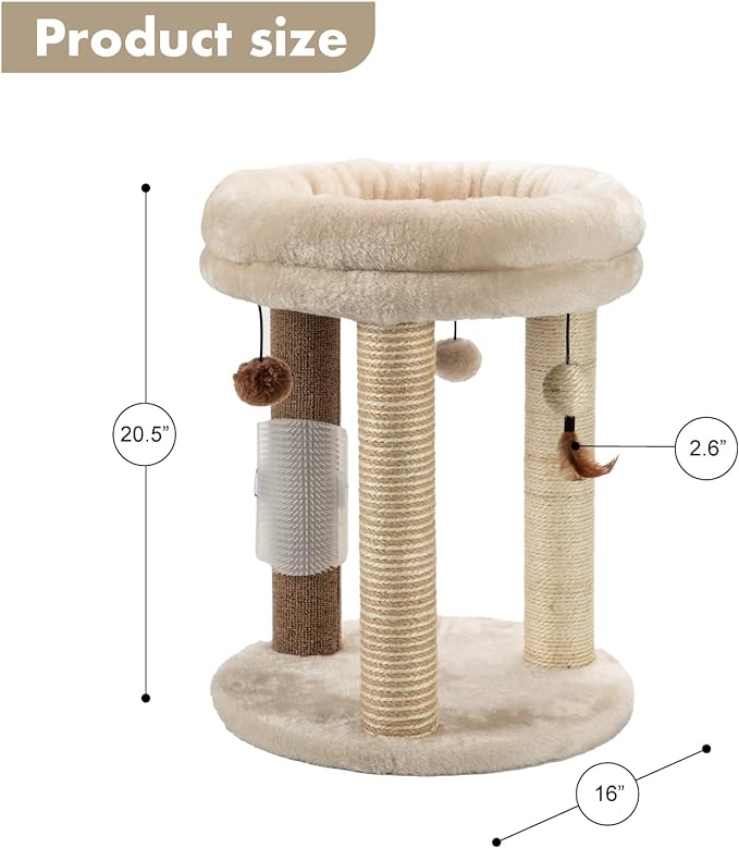 MECOOL 4in1 Small Cat Tree,Scratching Post with Tower Soft Bed, Sisal Carpet Jute Posts with Three Hanging Ball Toys and Massage Brush for Indoor Cats and Kittens
