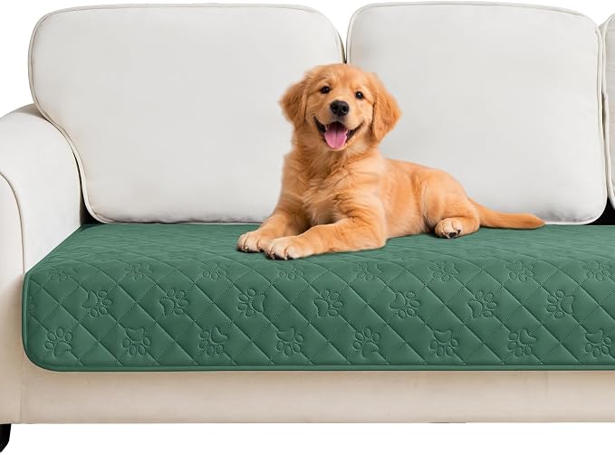 PAWFINITY Waterproof Couch Covers for Dogs, Pet Blanket for Sofa Washable | Paw Print Quilted, Hair Resistant, Anti Cat Scratch, Pee Proof Furniture Protector for 3 Seat Sofa and Bed, 30x70 Inch, Green