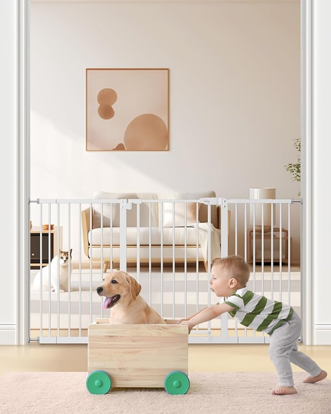 keny 29"-55" Extra Wide Baby Gate, Pressure Mounted No Drilling Dog Gate | for Stairs Doorways, Easy Walk Through Safety Gate for Babies or Pets, 30" Tall, White