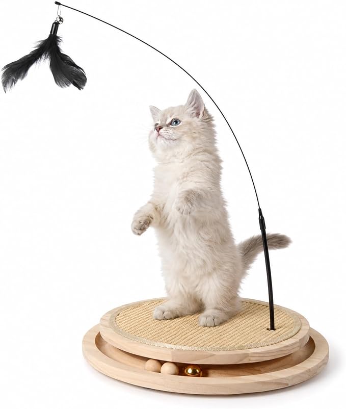 Instinct Wood Play System Cat Scratcher, Oval Wooden Scratching Pad with 3 Ball Track, Long Feather Wand, Catnip and No-Tool Setup, 15 x 13 Inch
