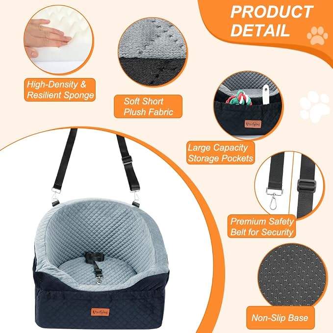 Vivifying Dog Car Seat for Small & Medium Dogs, Detachable & Washable Booster Seat for Pets Up to 25lbs, Travel Bed with Storage Pockets and Safety Belt – Gray&Black