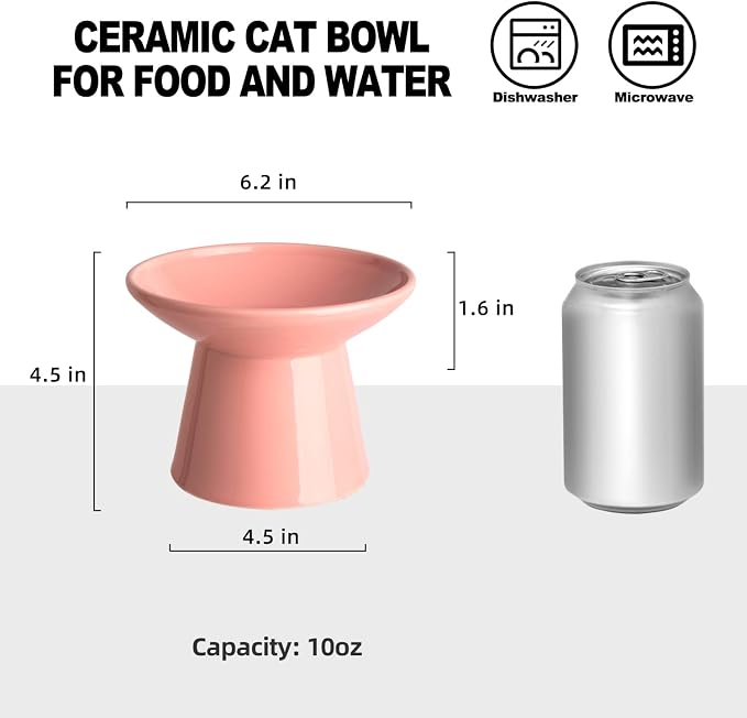 Ceramic Elevated Cat Bowls - 6.2 Inch Extra Wide Raised Cat Food and Water Bowl Set for Indoor Cats, Whisker-Friendly Ceramic Cat Dish for Elder Big Cats & Small Dogs,Pink,2 Pack