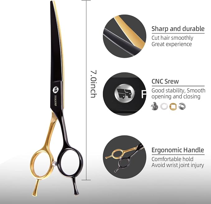 Black and Gold Two-Color Curved Grooming Scissors for Dogs 7.0" Professional Curved Pets Grooming Scissors for Small Medium Dog 9CR Stainless Steel(Black&Gold,Curved)