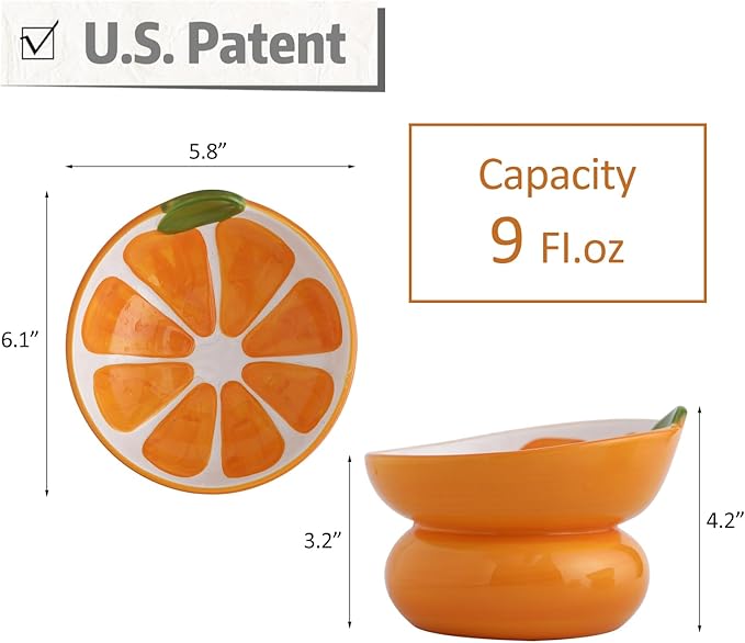 Cute Ceramic Raised Cat Food Bowl, Orange Shaped Cat Dish | Elevated Design, Fruit Themed, Anti Vomiting, Tilted Feeding, Indoor Cats