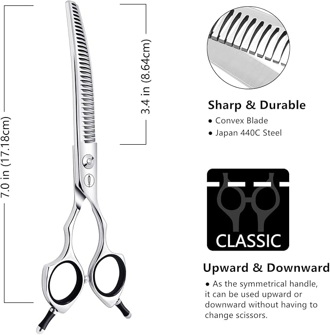 HASHIMOTO Curved Chunkers Shears Dog Grooming, 7.0 inch, 65% Thinning Rate | Lightweight, 440C Stainless Steel, Sharp, Easy to Use