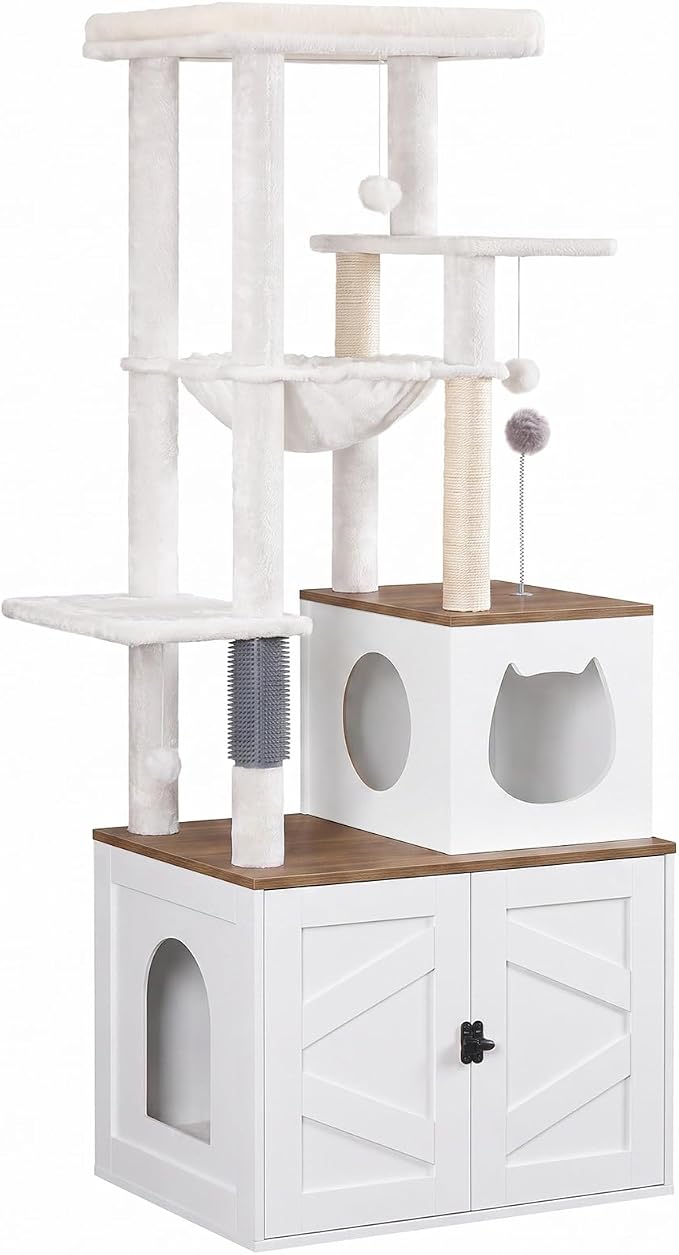 HOOBRO Cat Tree with Litter Box Enclosure, Tall Cat Tower for Indoor Cats | All-in-One Modern Cat Condo, Hidden Litter Box Enclosure Furniture, White and Walnut WH51MZ03