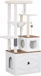 HOOBRO Cat Tree with Litter Box Enclosure, Tall Cat Tower for Indoor Cats | All-in-One Modern Cat Condo, Hidden Litter Box Enclosure Furniture, White and Walnut WH51MZ03