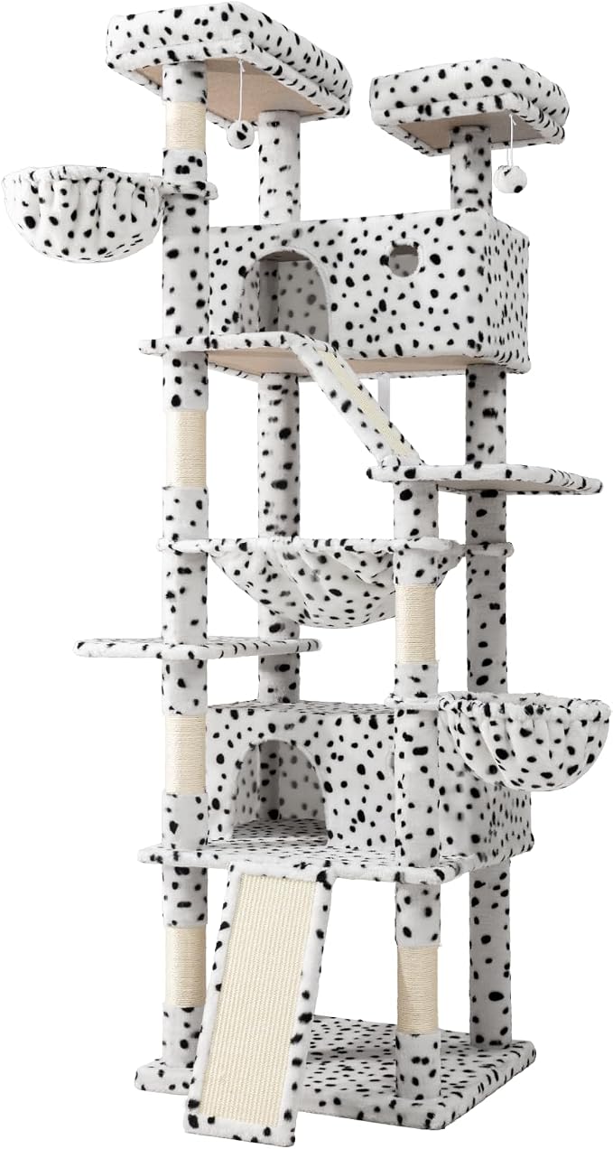 SHA CERLIN 81in Multi-Level Tall Cat Tree Tower for Indoor Kitties/Larger Cat Condo Furniture with Hammock/Cozy Pussycat Perches/Sisal Scratching Posts/Pet House/Wide Base/White & Black Spot