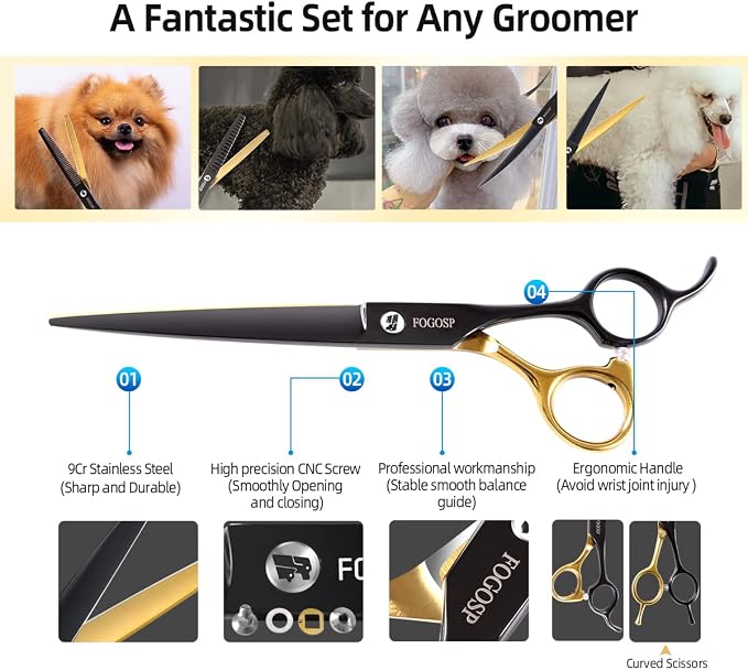 Dog Grooming Scissors Kit for Small Dogs, Black and Gold Two-Color Blender Shears Chunker Shears Curved Scissors Straight Scissors 4 pcs Set(Black&Gold,Kit)