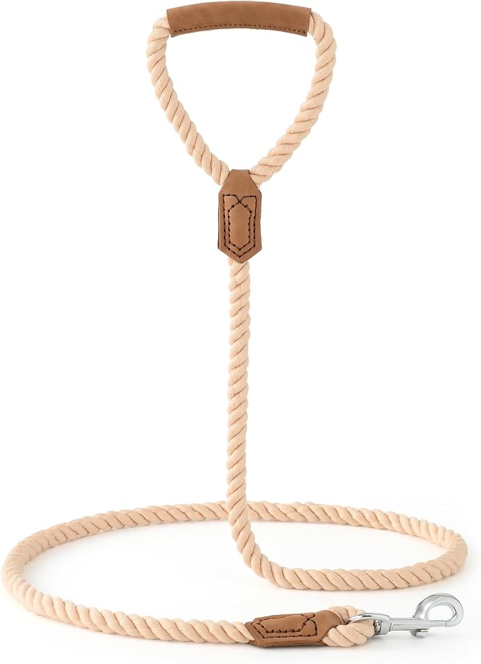 Mile High Life Dog Leash Braided Cotton Rope w/Leather-Wrapped Ends/Handle | Rust-proof 360° swivel clasp, Heavy-duty for medium/large dogs. Great for weddings, daily walks (4 FT, 1/2", Light Brown)