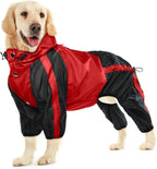 Dog Raincoat, 4 Leg Waterproof Dog Rain Jacket with Hood, Red XL | Rain Coat For Small Dogs, Doggy Poncho With Leash Hole, Snap Buttons, For Rainy Snowy Weather Walks, Hiking, Camping