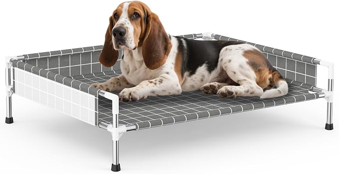 Elevated Dog Bed with Guardrail, Raised Pet Bed for Medium Dogs | Rust-resistant stainless steel frame with safety fence & soft cotton fabric. Anti-slip feet for secure indoor and outdoor use