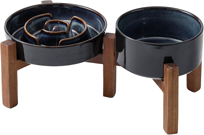 Havniva Raised Slow Feeder Dog Bowls, Elevated Dog Bowls Slow Feeder Set | 1.2 Cups Ceramic Dog Bowl Elevated with Acacia Wood Stand, Raised Dog Food Bowl, Puzzle Slow Feeder for Small Dogs, Non-Slip
