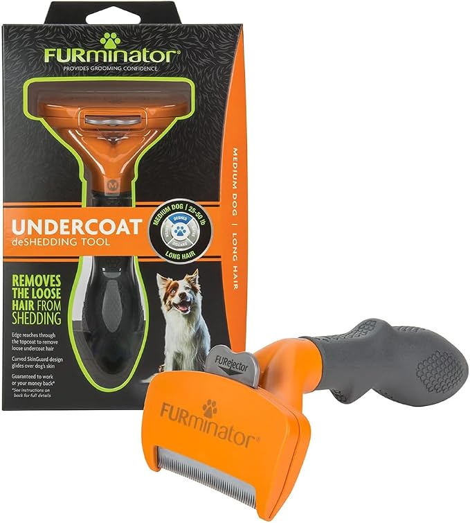 FURminator Medium Dog Undercoat deShedding Tool for Long Hair | Reduces Loose Hair From Shedding, Easy Clean-Up, For 25-50 lbs, Use Weekly, Ergonomic Handle For Comfort