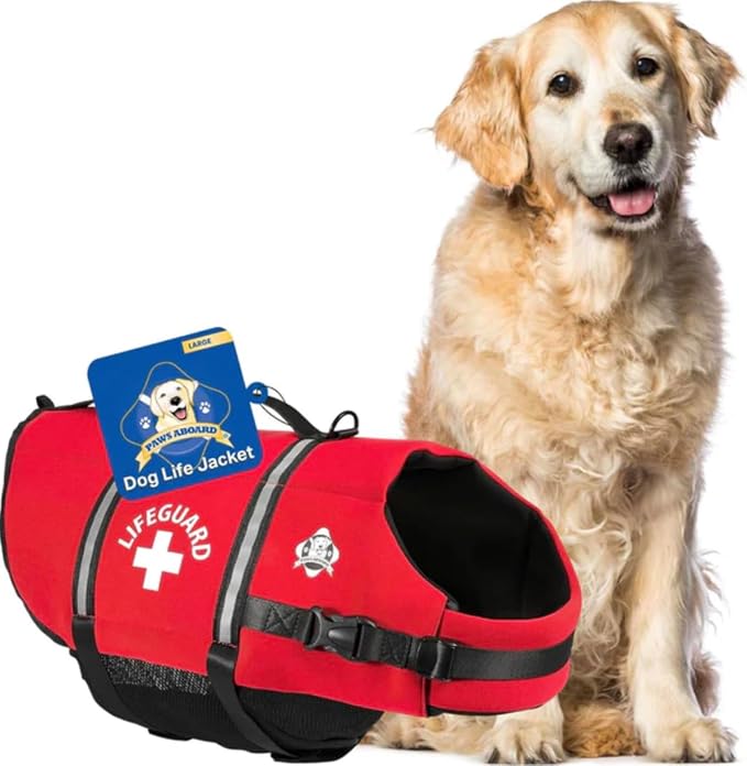 Dog Life Jacket - Swimming Vest for Dogs, Adjustable, Reflective, Comfortable, Multiple Colors, Patterns, XX-Small to Extra Large Dog Swim Vest with Handle (Red, Large)