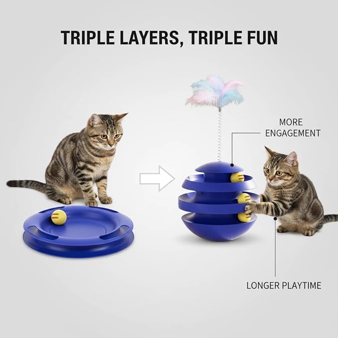 Cat Toys for Indoor Cats, Interactive Cat Ball Track with Feather | Kitten Toy Tumbler, 3-Layer Self Spinning Cat Ball Tower for Bored Indoor Adult Cats