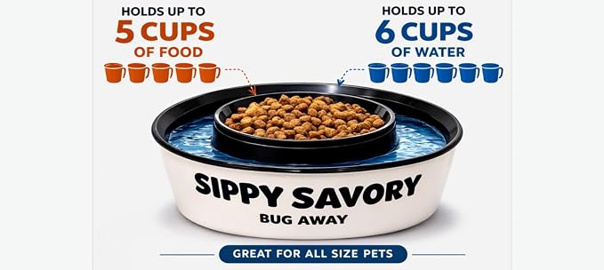 Ant Proof Dog Bowl & Cat Bowl with Water Moat by Sippy Savory® - Bug Proof Pet Feeding Bowl, BPA-Free Non-Slip Food Bowl for Indoor & Outdoor Dogs and Cats, Dishwasher Safe, Beige and Black.