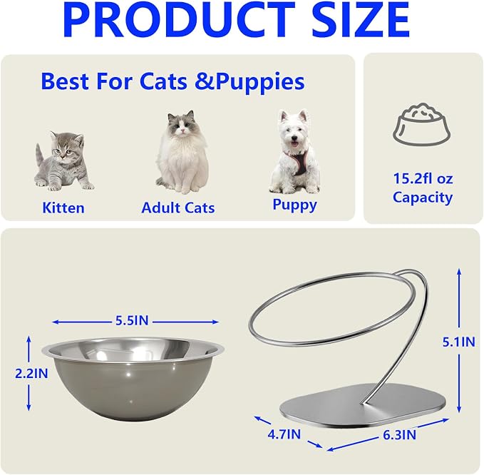 Elevated Cat Food Bowl 15° Tilt Stainless Steel for,2PC | Elevated Cat Bowls, detachable stand, and stainless steel bowl. Reduces neck strain, slows eating, prevents spills
