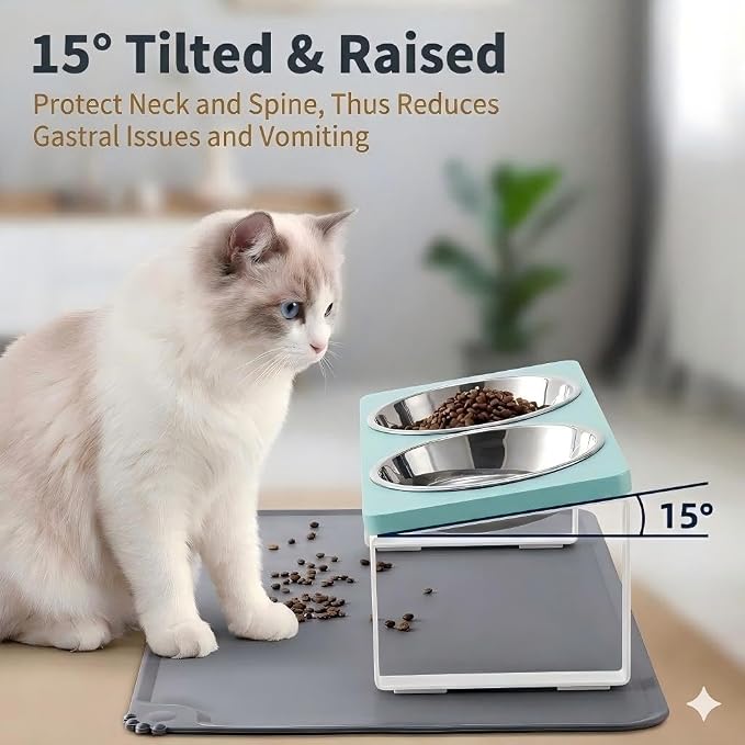 Summark Upgraded Elevated Cat Bowls with Food Mat,15°Tilted Stand Anti Vomiting Raised Cat Dishes for Food and Water,2 Stainless Steel Bowls for Cats and Puppy（Teal）