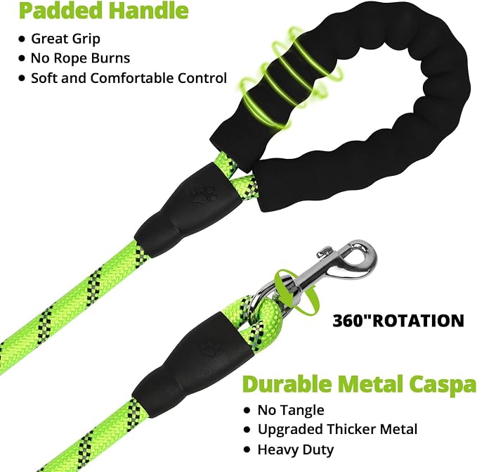 Rope Dog Leash 4 FT: Heavy Duty Leashes with Swivel Lockable Hook Reflective Threads Bungee and Padded Handle - Dog Lead for Large Small Medium Dogs Outside Walking Hiking Green