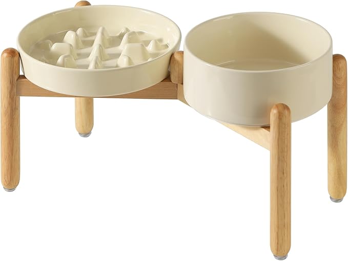 Havniva Elevated Slow Feeder Dog Bowls, Ceramic Dog Bowl Slow Feeder Set | 1.6 Cups Raised Slow Feeding Bowl for Medium Breed, 7.3” Dog Water Bowl with Wooden Stand, Puzzle Dog Slow Feeder, Non-slip