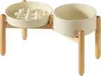 Havniva Elevated Slow Feeder Dog Bowls, Ceramic Dog Bowl Slow Feeder Set | 1.6 Cups Raised Slow Feeding Bowl for Medium Breed, 7.3” Dog Water Bowl with Wooden Stand, Puzzle Dog Slow Feeder, Non-slip
