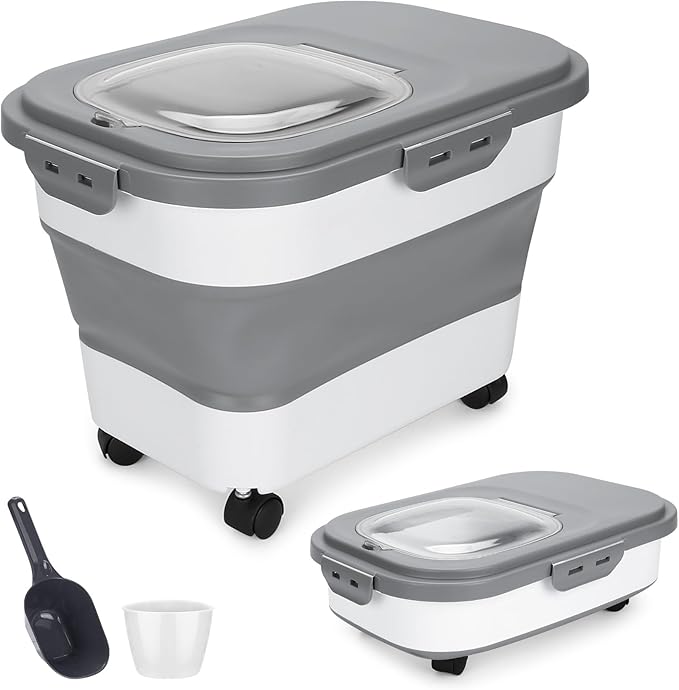 Dog Food Storage Container 17 lb, Airtight Pet Food Storage Containers with Wheels & Removable Sealed Lid, Collapsible Cat Food Containers Dry Food with Scoop and Measuring Cups