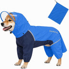 Full-Body Dog Raincoat with Detachable Hood, Waterproof Reflective Dog Rain Jacket with Tail Cover, Adjustable Fit and Leash Portal for Rainy Walks, Blue, Medium