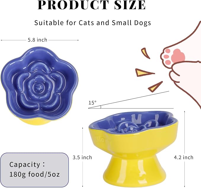 S&Q's CERAMICS Raised Slow Feeder Cat Bowl, Ceramic Elevated and Titled Pet Food Bowl, Small Dogs Slow Feeder, Flower Shaped Dish for Dry and Wet Food (Blue, 5.8")
