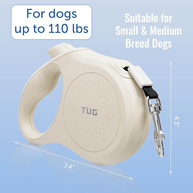 TUG Quest Retractable Dog Leash | 360° Tangle-Free | 26 ft Tape (XL, Cream) | 360° Tangle-Free Retraction, 26 ft Strong Nylon Tape
