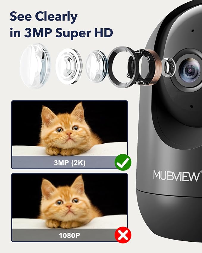 MUBVIEW Cameras for Home Security, Indoor Security Camera, 2.4/5GHz WiFi Wired Camera Ideal for Dog/Elder/Baby, Motion Tracking, Two-Way Audio, Pan Tilt, 7X24, 2K Night Vision PK320B-D | For dogs, elders and baby rooms, motion tracking, 2-way audio, 24...