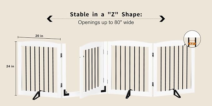 PUPETPO Freestanding Dog Gate with Door, Pet Gate for Stairs, 80 inch Wide Pet Barrier Indoor, Dog Fences Indoor, Support Feet Included, 4 Panels, 24" Tall, White & Black