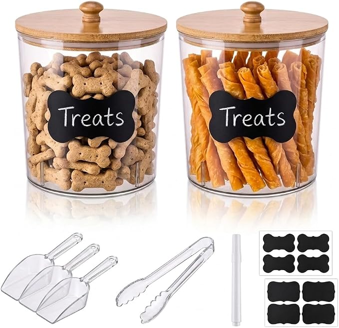 2Pack Pet Food Storage Containers, Airtight Dog Food Storage Container with Wooden Lid,Dog Treat Container for Pet,Bird Seeds,Dog & Cat Treats with a Clamp,Labels,Pen,Scoops for Customizing