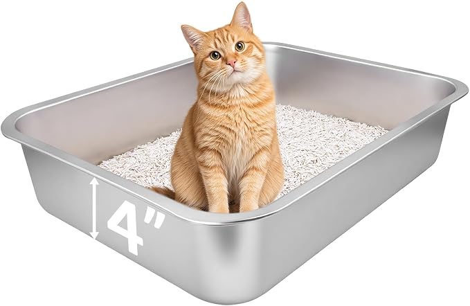 Small Stainless Steel Litter Box, 17.5"×13.6"×4" | Metal Litter Box, Low Side Easy Entry, Rust-Proof, Non Stick, No Smell Easy to Clean for Kittens, Elderly Cats, Rabbits