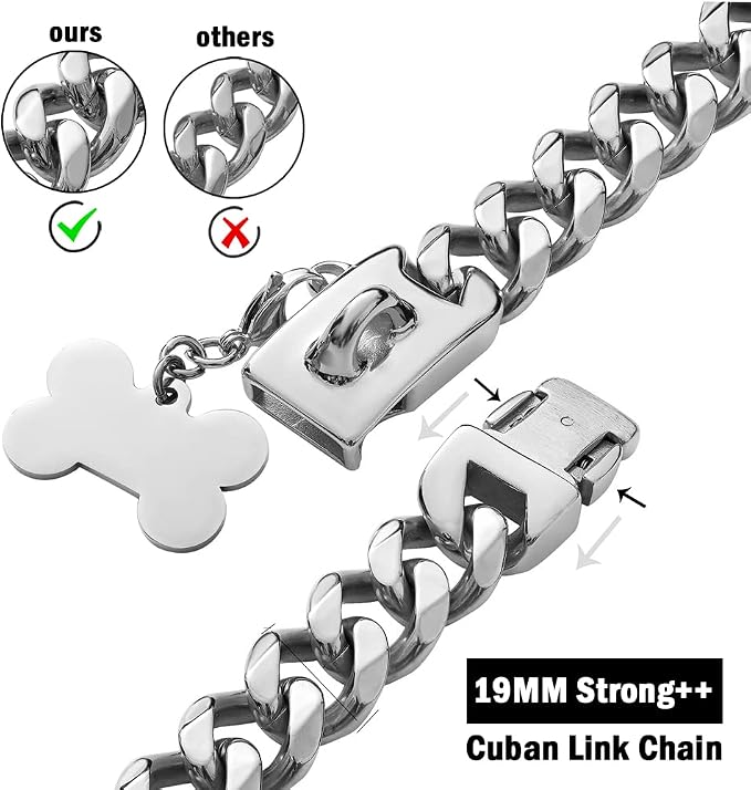 Silver Metal Dog Chain Collar with Design Secure Buckle & ID Tag,Pet Necklace,Strong Stainless Steel Cuban Link Chain,Chew Proof Indestructible Choke Walking Collar for Large Dogs(19MM 26'')