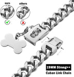 Silver Metal Dog Chain Collar with Design Secure Buckle & ID Tag,Pet Necklace,Strong Stainless Steel Cuban Link Chain,Chew Proof Indestructible Choke Walking Collar for Large Dogs(19MM 24'')