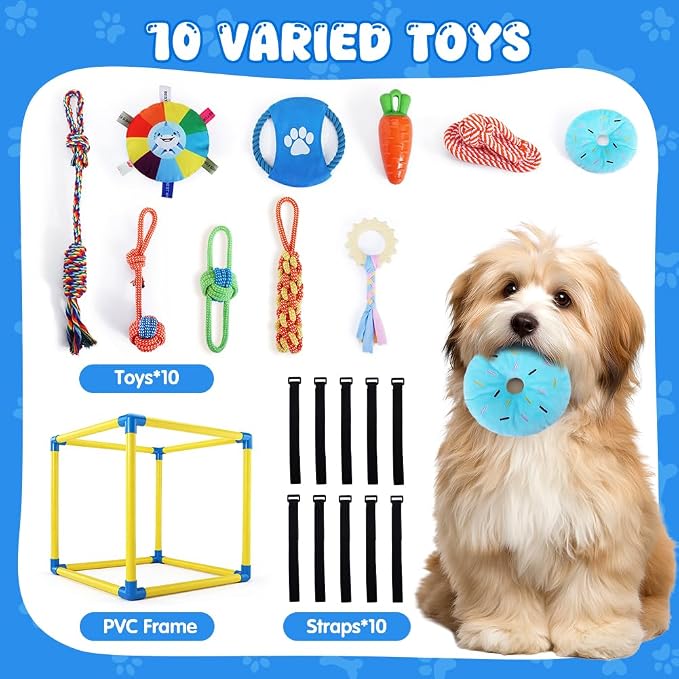Puppy-Play-Gym for Small Dogs with 10 Dog Toys,19.5" Indoor-Jungle-Play-Gym | Removable Dog Enrichment Playground Interactive Dog Squeaky Toys Puppy Training Center, Adjustable PVC Frame for Puppies Cat