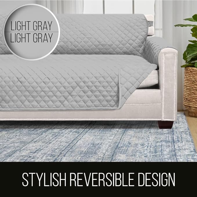 Sofa Shield® Couch Chaise Covers for Dogs, Reversible Furniture Protector with Strap, Stain and Tear Resistant Cushion Cover, 102x34 inch Seat, Machine Washable Slipcover Pets, Cats, Light Gray