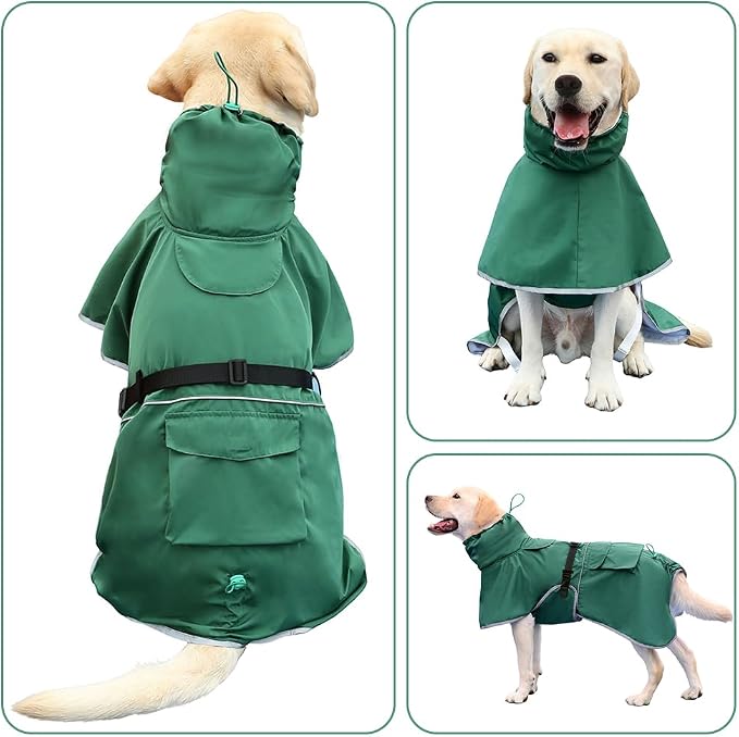 Reflective Dog Raincoat Waterproof Adjustable Dog Hooded Poncho for Medium Large Dogs, Lightweight Pet Rain Jacket, Green, L