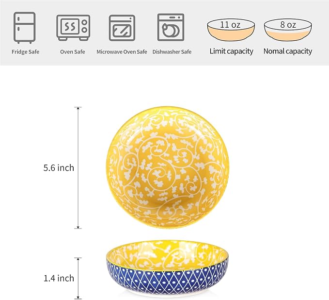 Selamica Ceramic Cat Bowls, 5.6 Inch Wide Shallow Cat Food Bowl/Dishes for Food and Water, Whisker Friendly, Set of 6, Assorted Colors