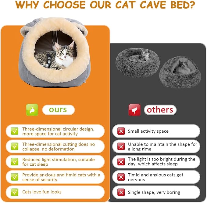 Cat Beds for Indoor Cats-Rabbit-Shaped Cat Cave Bed with Hanging Toy,Grey L | Super Soft Calming cat Tent house for Kitten&Puppy,Warm Plush&Machine Washable&Removable Cushioned Pad,Cute cat Hideaway