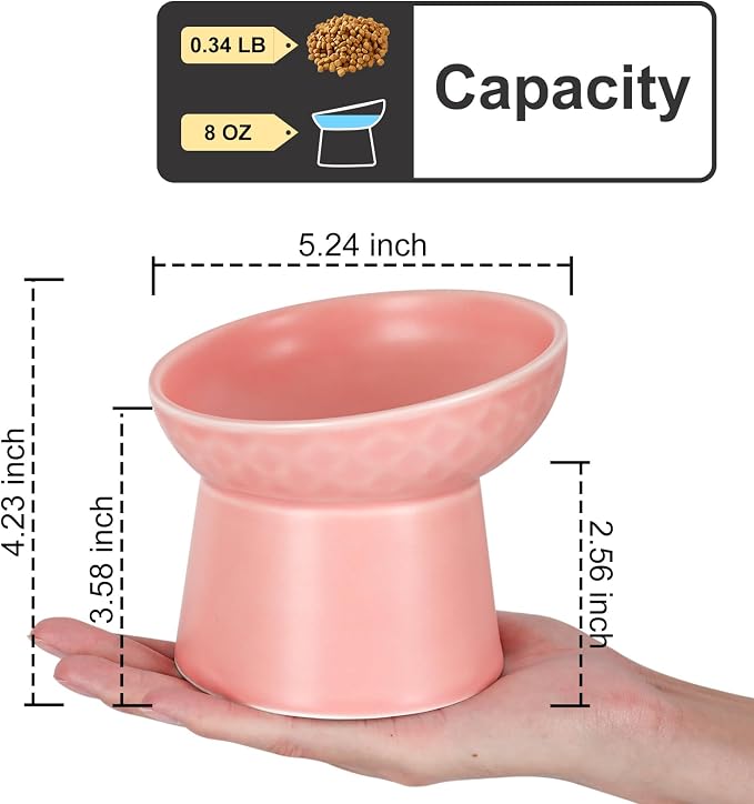 YauYik Small Raised Cat Bowls, Ceramic Tilted Elevated Food or Water Bowls, Stress Free, Backflow Prevention, Dishwasher & Microwave Safe, Lead & Cadmium Free, Pink
